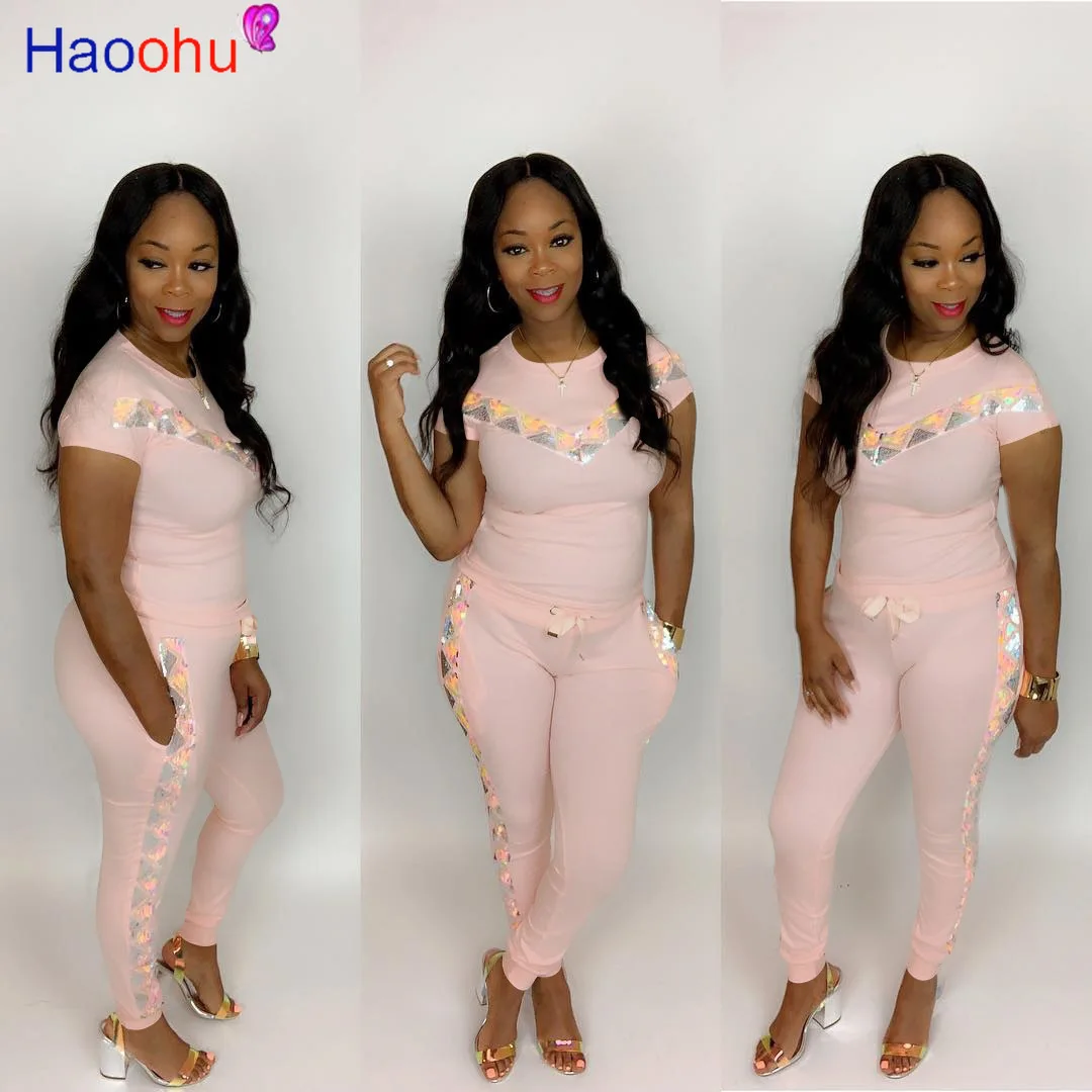 

Sequined Spliced Sportswear Two Piece Set Womens Outfits Round Neck Short Sleeve Bandage T Shirts + Skinny Trousers Matching Set