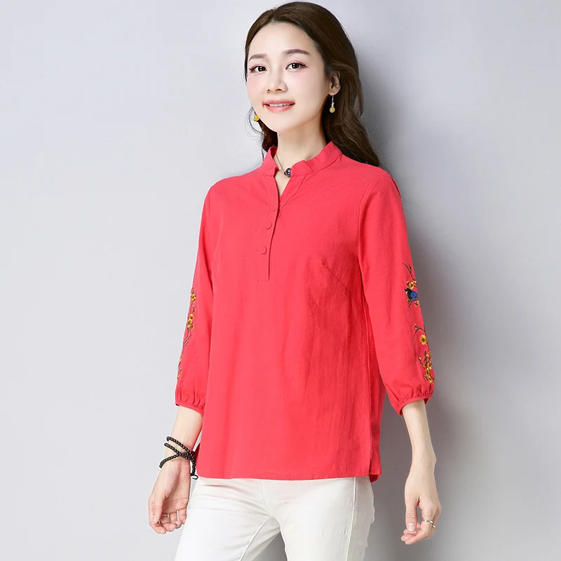 Женская футболка из хлопка и льна винтажная свободная с воротником стойкой