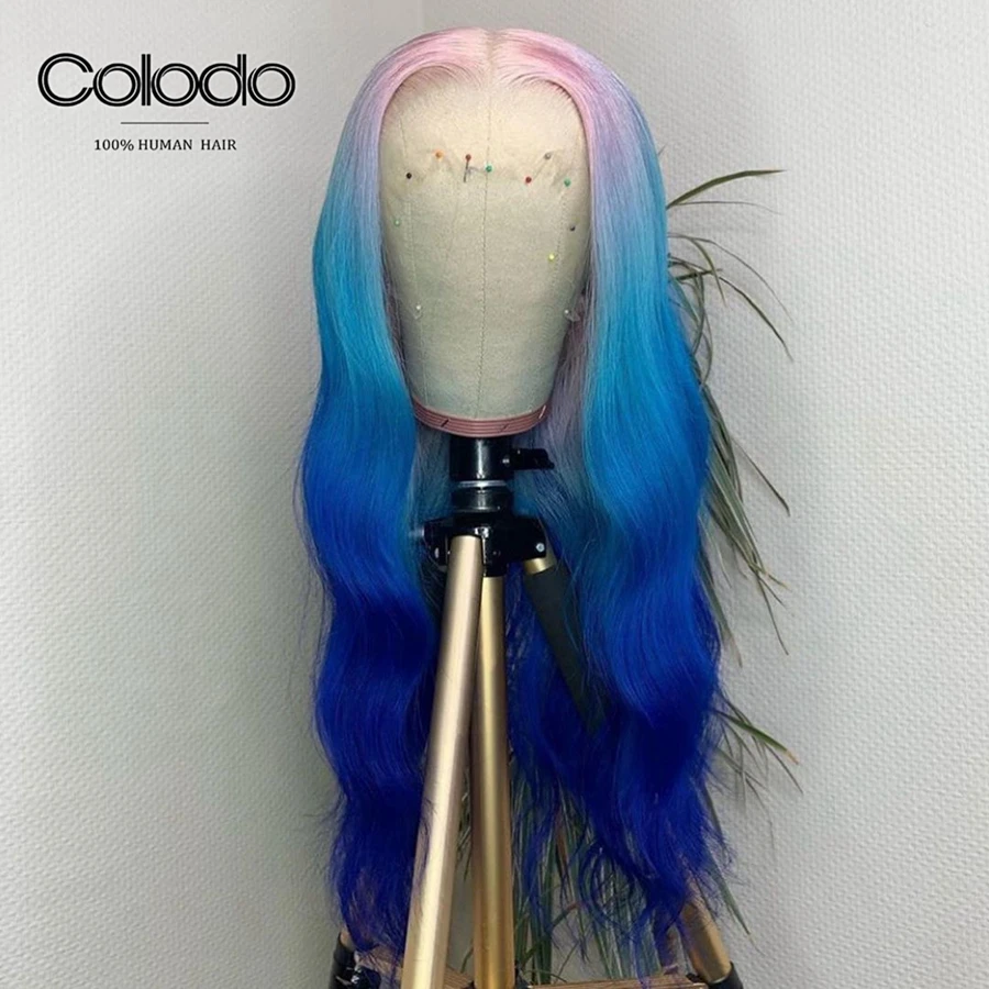 COLODO Wavy Pink Human Hair Wig 3 Tones Ombre Lace Front Wig With Baby Hair Remy Brazilian Transparent Lace Wigs For Black Women
