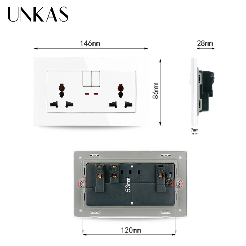 UNKAS Universal Wall Power Socket 146mm*86mm Switch Control Charger Adapter Plug Outlet Tempered Crystal Glass Panel images - 6