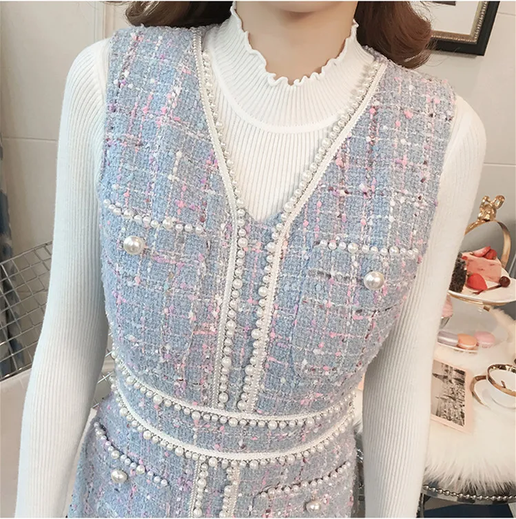 2019 осеннее модное платье высокого качества для женщин без рукавов твид