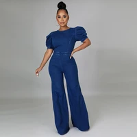 elegant puff sleeve women jumpsuits sexy backless bandage flare pants solid denim overalls casual streetwear female jeans romper