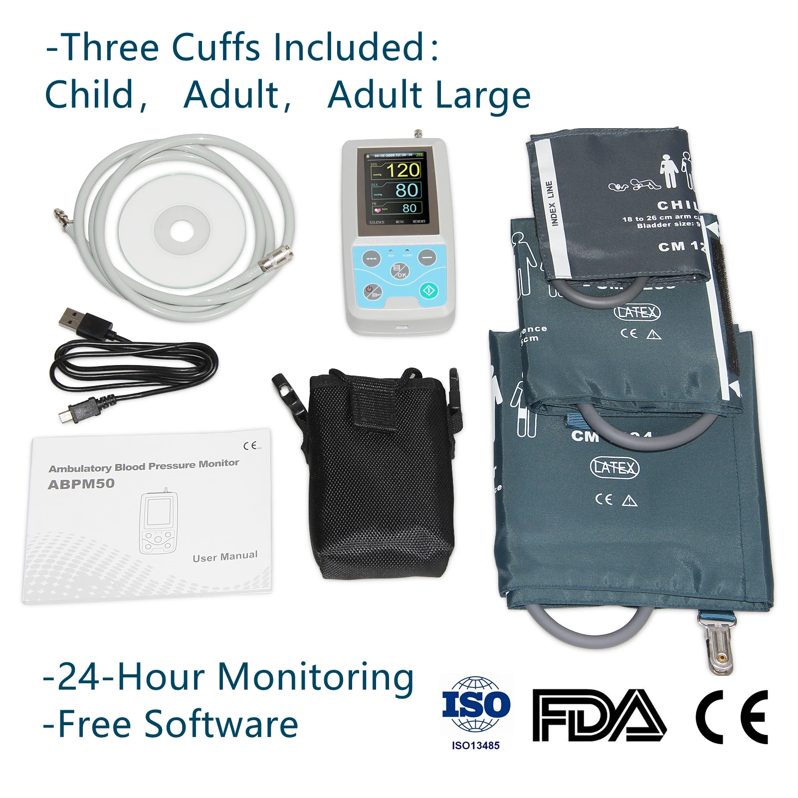 

Arm Амбулаторный монитор кровяного давления 24 часа NIBP Holter CONTEC ABPM50, программное обеспечение для взрослых, детей, Большие Манжеты