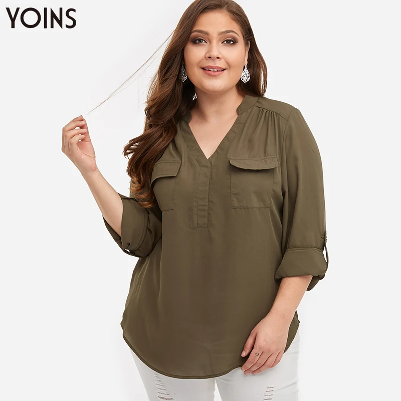 YOINS Стильная блуза с v-образным вырезом длинным рукавом и боковыми карманами