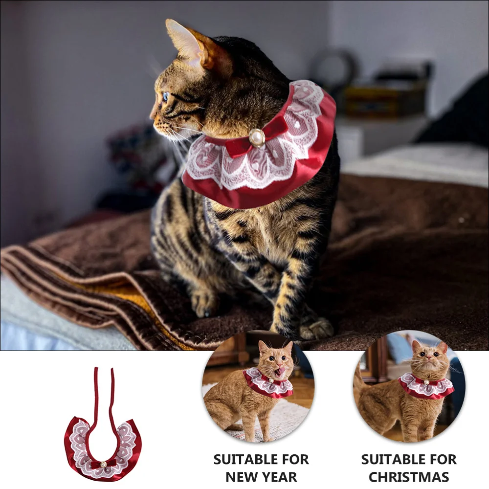 

Pet Cat Lace Collar with Pearl and Bow Neck Tie Scarf Party Photo Accessory
