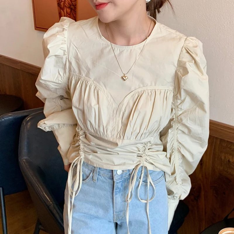 

ancient ways round collar design of irregular draw string waist receive splicing holiday two hubble-bubble sleeve shirt