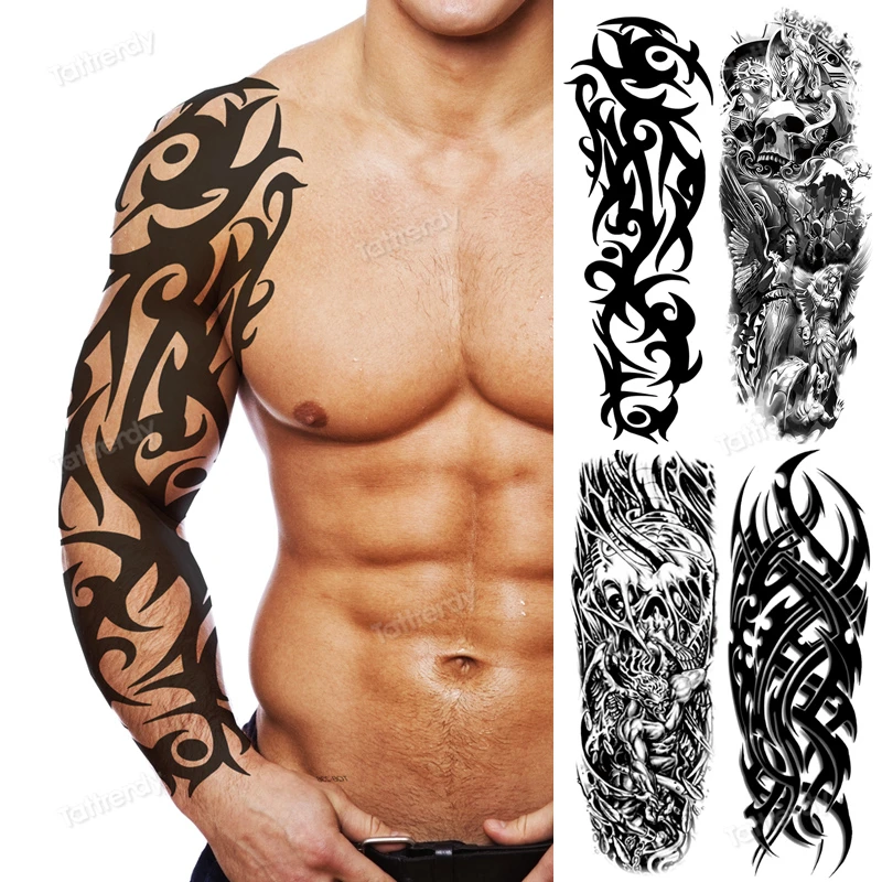 

full arm temporary tattoos large totem tribal big sleeve tattoo sticker body art sexy dragon tiger lion king tattoo designs men