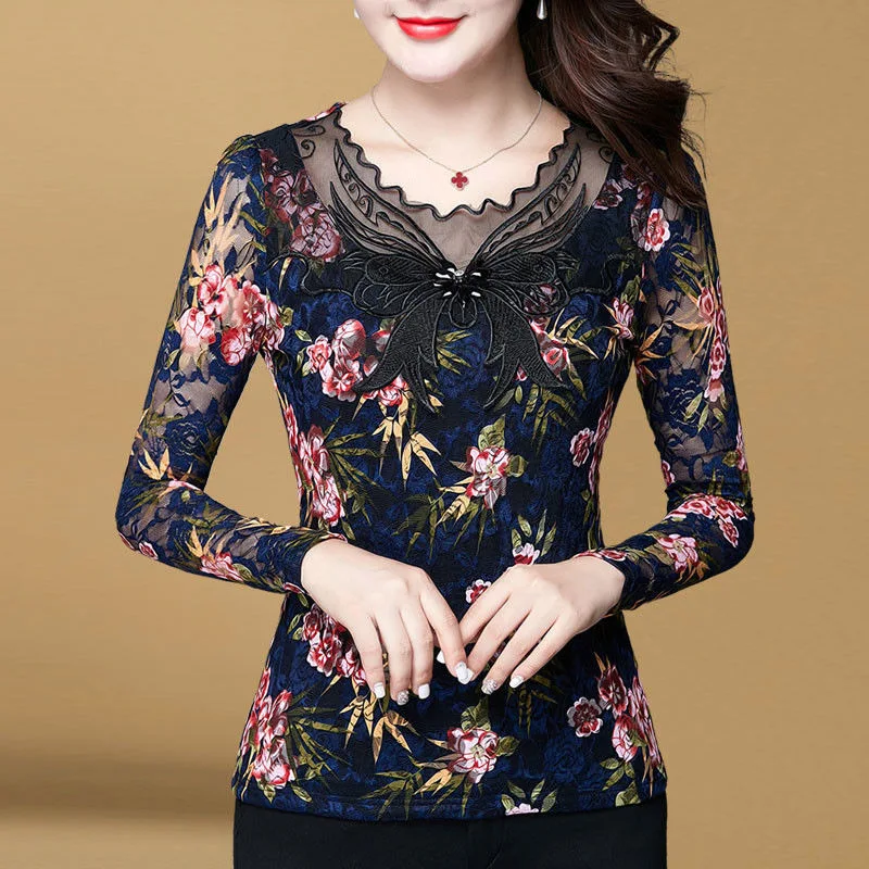 

Hollow Out Women Spring Autumn Style Lace Blouses Shirts Casual Long Sleeve Patchwork Spliced Turtleneck Blusas Tops DF2602