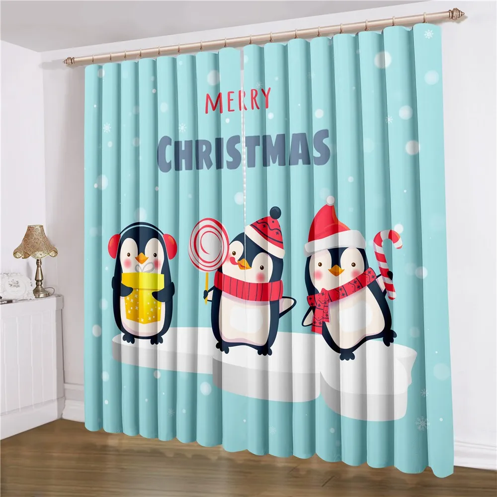 

Christmas Penguin Window Curtain 2 Panels Cartoon Animals Window Treatment 3D Print Happy New Year Curtain Home Window Drapes