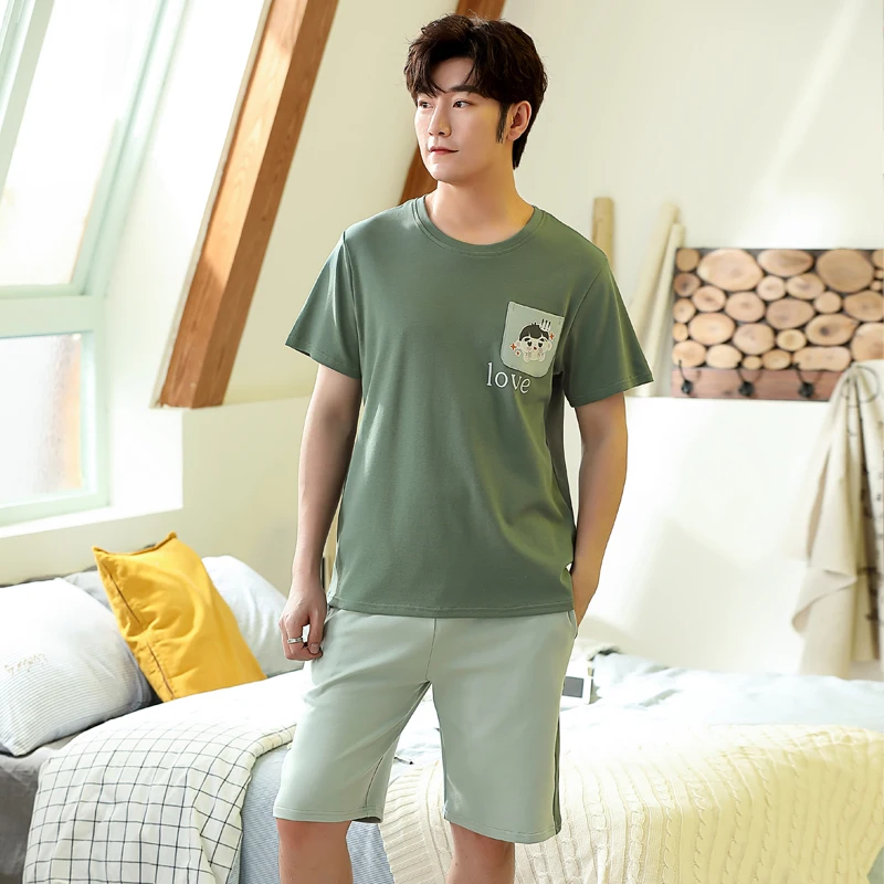 

Casual Sleepwear Summer Men's Cartoon Little Boy Pocket Letters Home Wear Short-sleeved Men's Cotton High-quality Soft Plus Size
