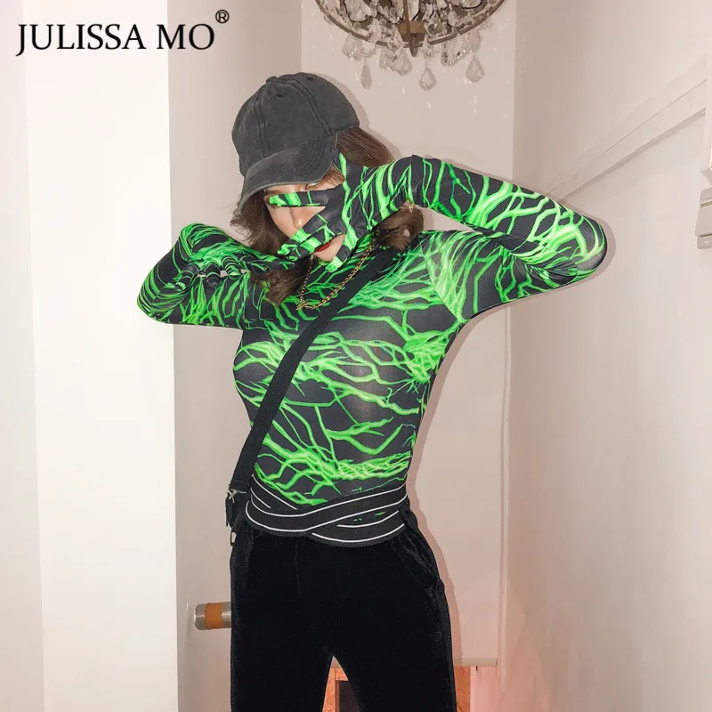 Julissa mo, с принтом молнии, сексуальный обтягивающий боди с перчатками,, Осень-зима, с высоким воротом, с длинным рукавом, боди, женские комбинезоны