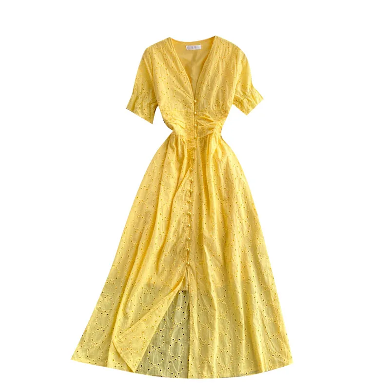 

Aibeautyer Summer Casual Fashion Streetwear Split Long Dress Women Hollow Vacation Dress Korean V Neck Short Sleeve A-line Dress