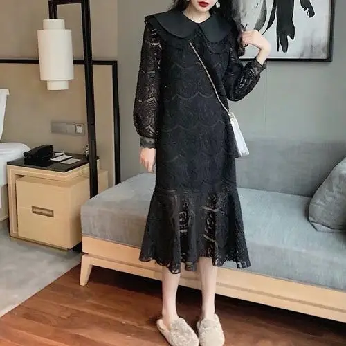 

Fashion Woman's Casual Women Dress Korean Plus Size Brief Summer Dress Hollow Out Loose Peter Pan Collar Dresses