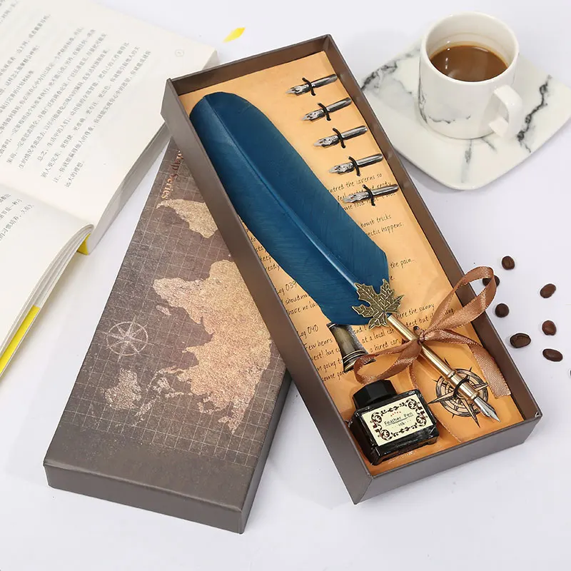 European Feather Pen Set Brown Gift Box Packaging Wedding Holiday Exquisite Gift Writing Stationery Smooth High Quality Nib