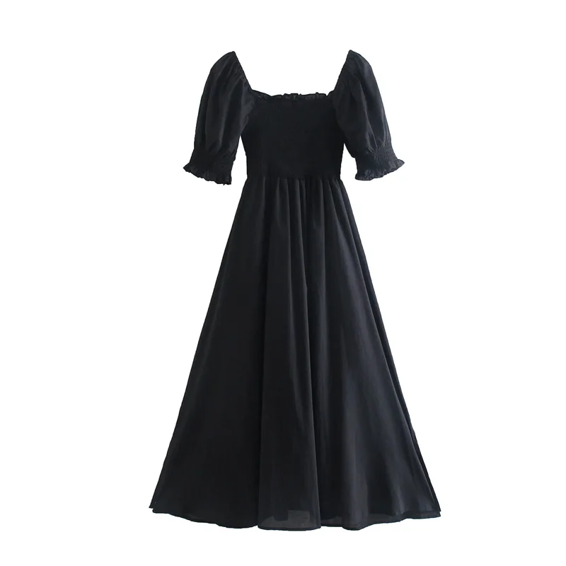 

Short sleeve dress women vintage dresses summer maxi dress black square neck dresses chic beach dress solid elastic dresses 2021