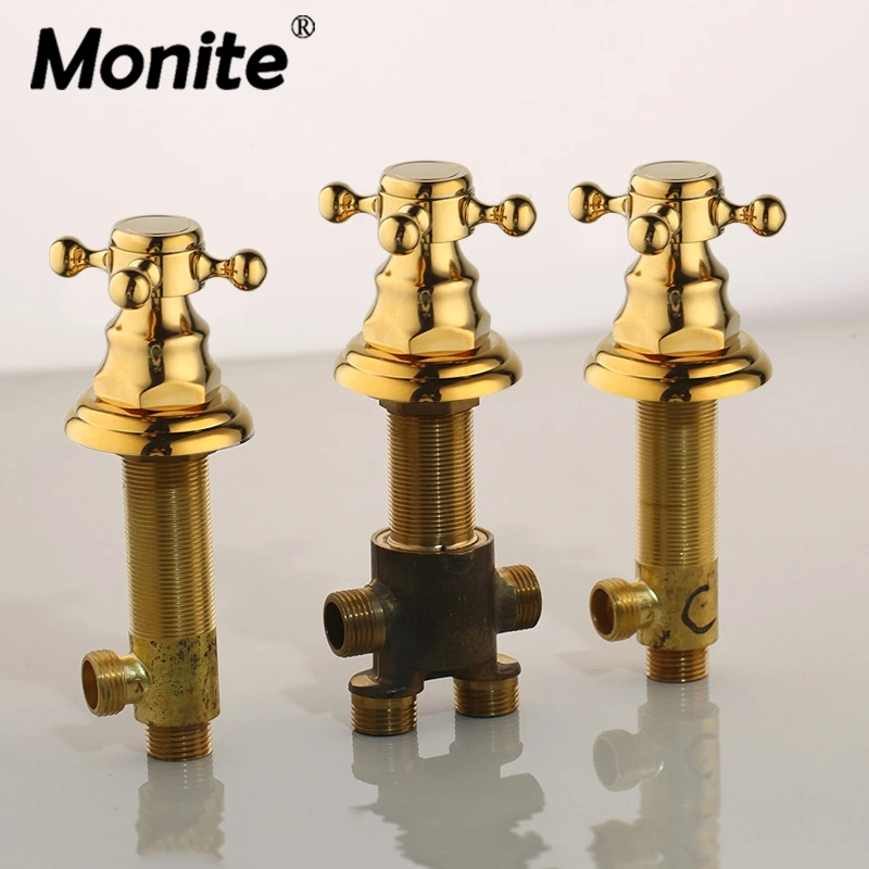 

Monite Golden Plated Solid brass Bathroom Faucet Accessories Control Valve Rotatable Handle 3 Handles Deck Mount Hot Cold Mixer