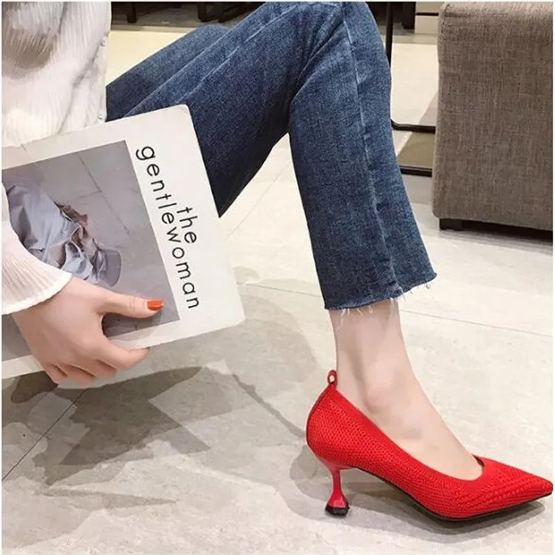 

Fashion Black High Heels 2020 New Shallow Mouth Women's Shoes Professional Work Shoes Pointed Toe Stiletto Knitted Single Shoes