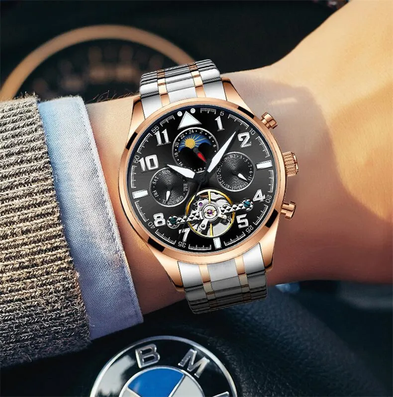 Многофункциональные часы tourbillon для мужчин люксовый бренд Moon фазный Автоматический Механические часы полый маховик мужские часы новые