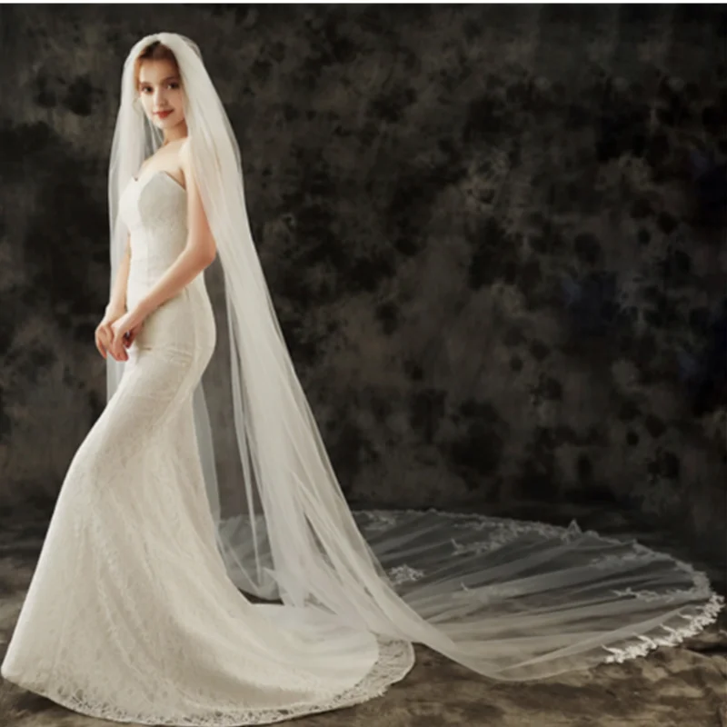 

Bride Veils White Applique Tulle 3 Meters veu de noiva Long wedding Veils Bridal Accessories Lace Bridal Veil