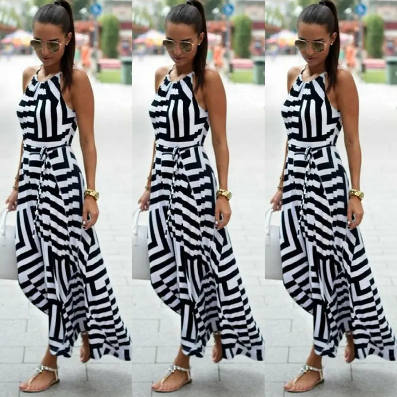 

Women's Sexy Summer Sleeveless Every Party Cocktail Long Dresses Ladies Sexy Boho Empire Striped Beach Sundress Halter Dress