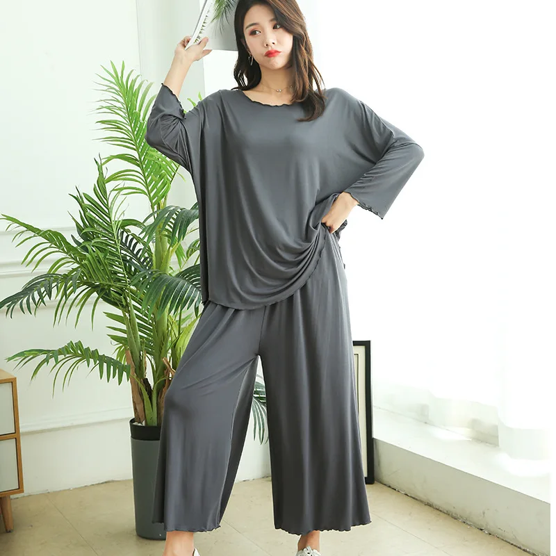 horswula Plus Size Home Clothes Super Loose Long-sleeve Pajamas Womens Two Peice Sets Sportswear Wide-leg Pants Trouser Suits