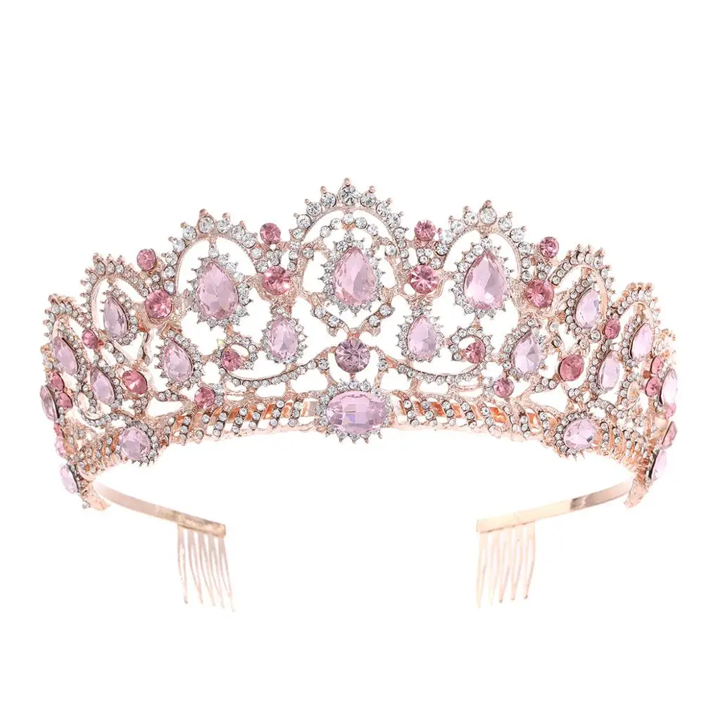 Rose Pink Comb Роскошная свадебная тиара, большие стразы, кристалл, Королевская корона, свадебные аксессуары для волос, диадема, головная повязка, пышные украшения для волос, головной убор - Окраска металла: Rose Pink Comb