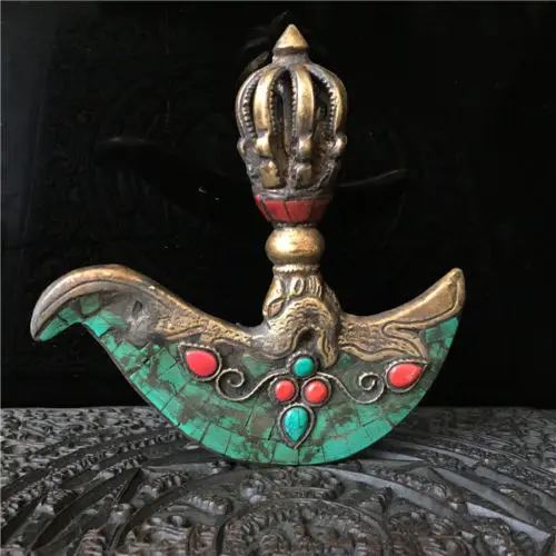 

christmas Old Tibetan Buddhism Bronze Inlay Turquoise Axe Phurba Dagger Holder Statue new Year
