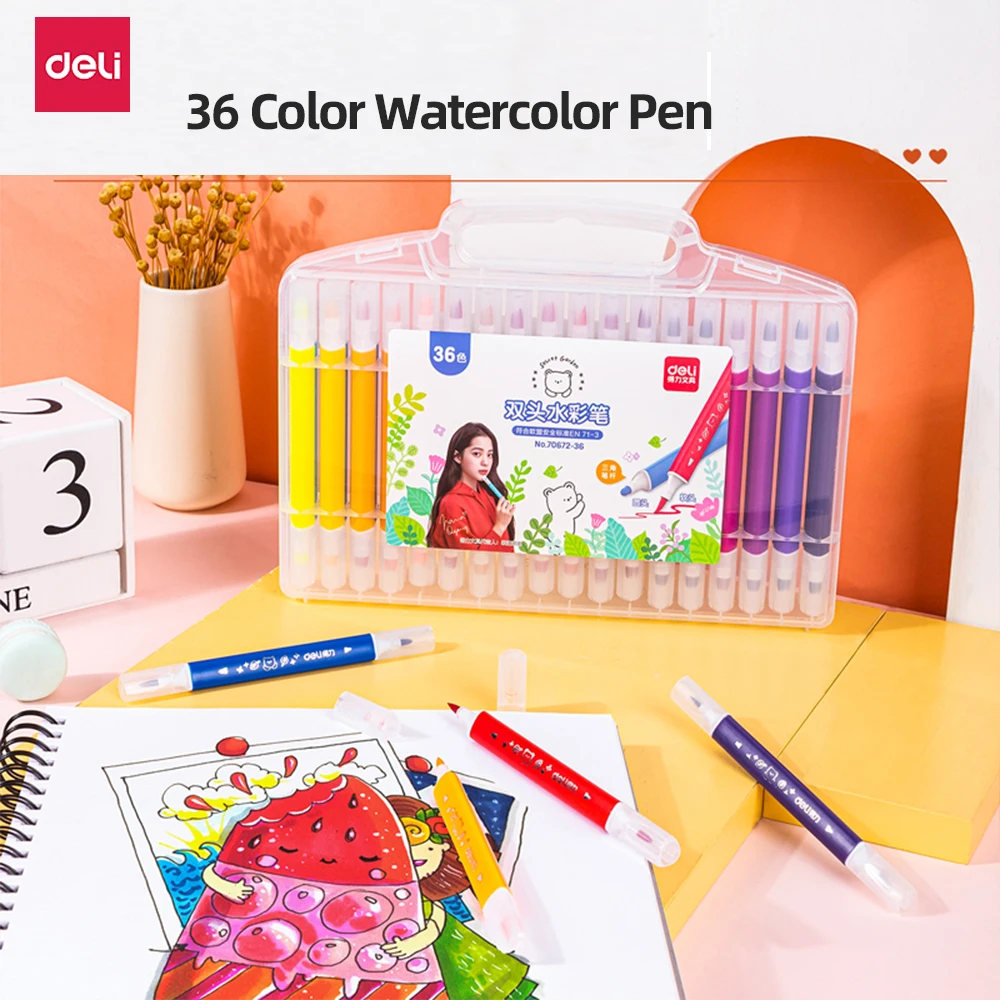 

Deli Soft-tip Watercolor Pen Washable Non-toxic 36/48 Color Painting Set Children Kindergarten Pupils With Color Painting Brush