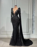 luxury v neck black beaded lace dubai women evening dresses mermaid party gowns 2022 long custom prom dress vestido