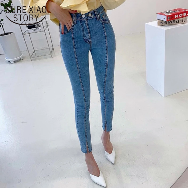 

Stretch Hip Slim Fit Skinny Feet Nine Points Pencil Pants Sexy Retro High Waist Washed Mid-line Front Split Jeans Women's 14017