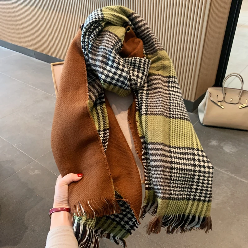 

women's scarves, Luxury houndstooth shawl, thickened warm check double-sided, imitation cashmere fringed scarf for women winter