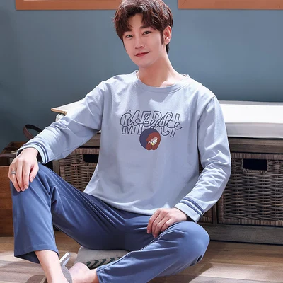 men pajama set Осенне-зимние мужские пижамы с длинными рукавами, хлопковые Пижамные комплекты в полоску с надписями и героями мультфильмов, повседневные мужские пижамы для отдыха и сна, L-XXXL Пижама - Цвет: men pajama set