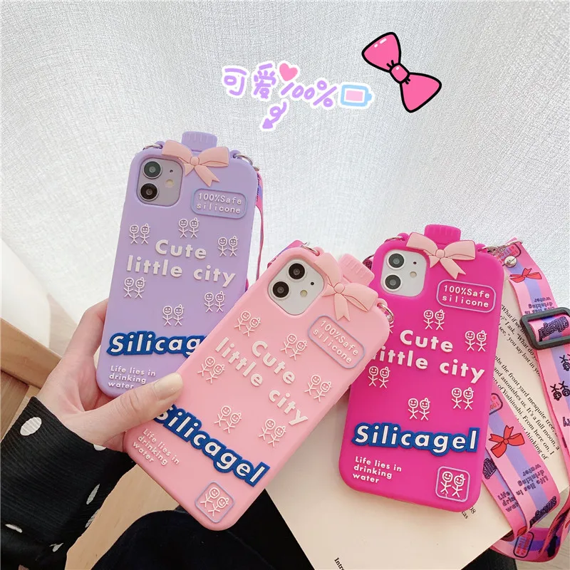 

Cartoon 3D Water bottl With Strap case For 12 11 Pro Max XR X XS MAX 6 7 8 plus SE2 Soft silicone Cute Phone Cover girl kid Gift