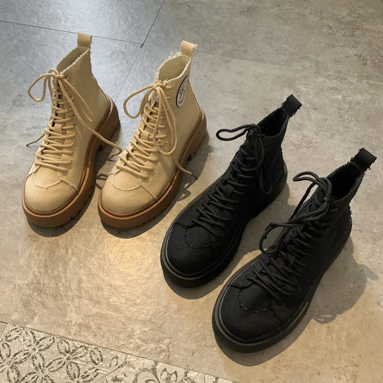 Женские парусиновые ботинки; ботильоны для женщин; Zapatos de mujer; модные однотонные Ботинки martin с круглым носком; повседневные мотоциклетные ботинки