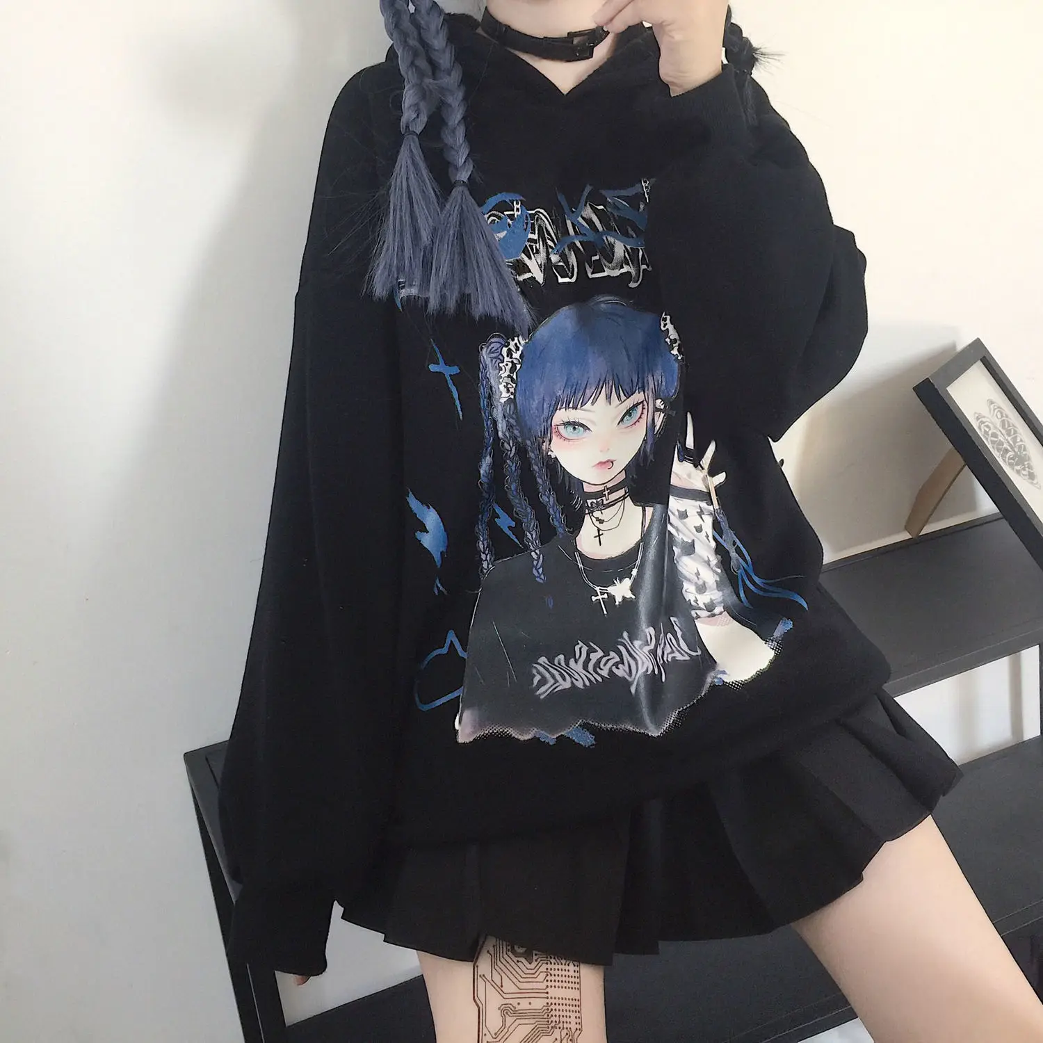 

2021 Women's New Fashion Hip Hop Long Sleeve Sweater Winter Harajuku JK Loose Dark Black Large Size Tops Sweatshirt Goth Clothes