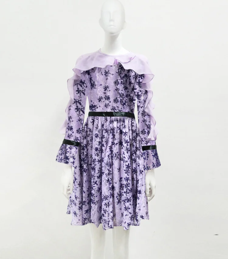 

Elegant Purple Printed Ruffles Chiffon Women Dress 2020 O-neck Long Sleeve Mini Runway Designer Dress