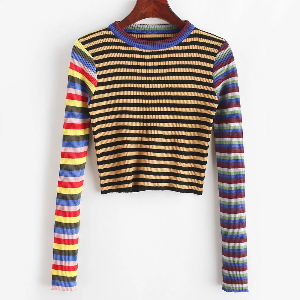 ZAFUL один размер контрастные радужные полосы укороченный свитер тонкий короткий