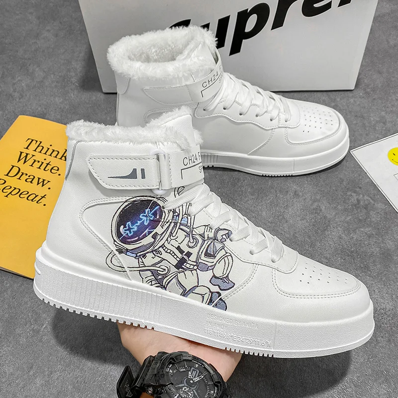 Men's Winter Sneakers Anime Skateboarding Shoes Men Streetwear High Top Anime Shoes Fashion White Plush Warm Casual Sneakers Men