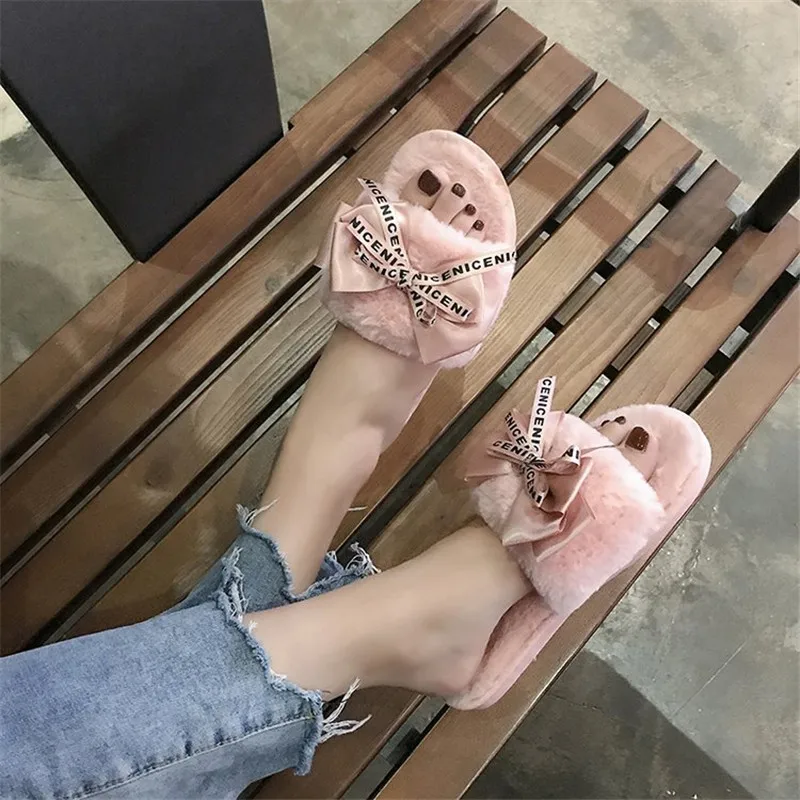 Ladies Plush Home Slippers 2022 Winter Fashion New Style Artificial Fur Warm Shoes Flat-Bottom Comfortable Cute Slippers Lady