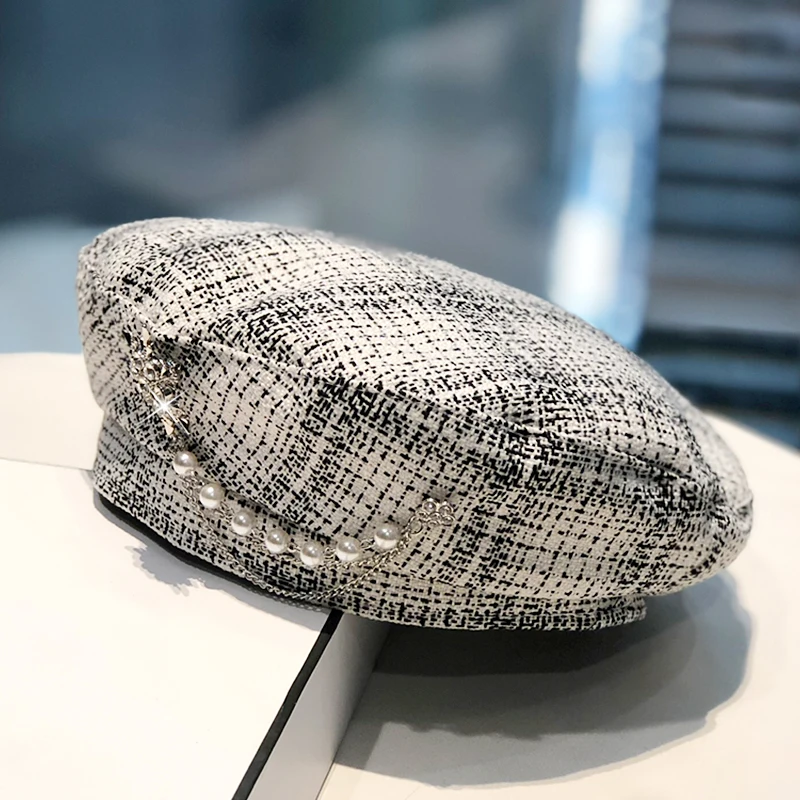 Женский берет в шотландскую клетку USPOP 2020 осенние шапки с жемчужной цепочкой |
