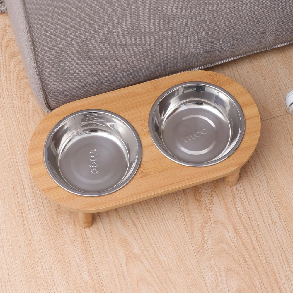 

Pet Stainless Steel Feeding and Water Bowls with Bamboo Frame for Dogs and Cats