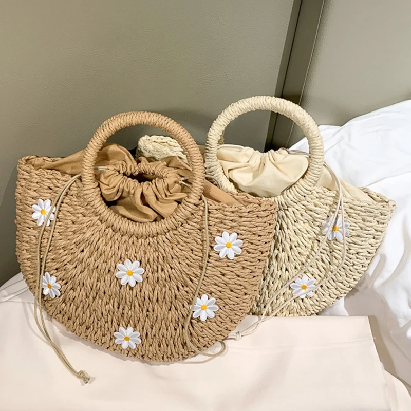 

NEW Flower Decoration Handmade Straw BagLadies Wrapped Beach Bag Half Shaped Top Handle Handbag Rattan Bag Summer