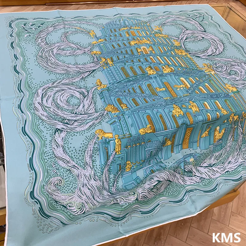 

KMS Scarf Shawl Hijab Women Luxury Scarves Sand Washed Silk Twill Tower of Babel River 90*90CM/65G