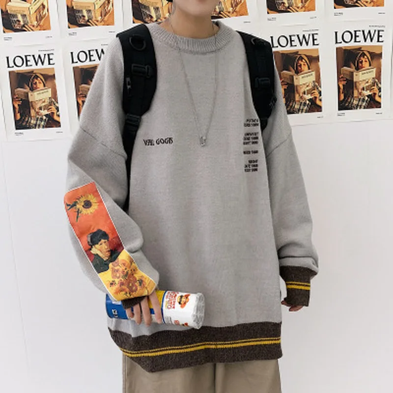 Мужской свитер в стиле 2021 хип-хоп пуловер уличная одежда Картина Ван Гога вышивка