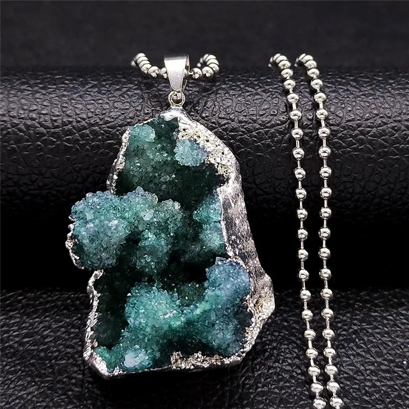 

2021 Big Green Crystal Charm Necklaces for Women Silver Color Boho Long Necklaces Chain Jewelry pierre precieuse NXS04