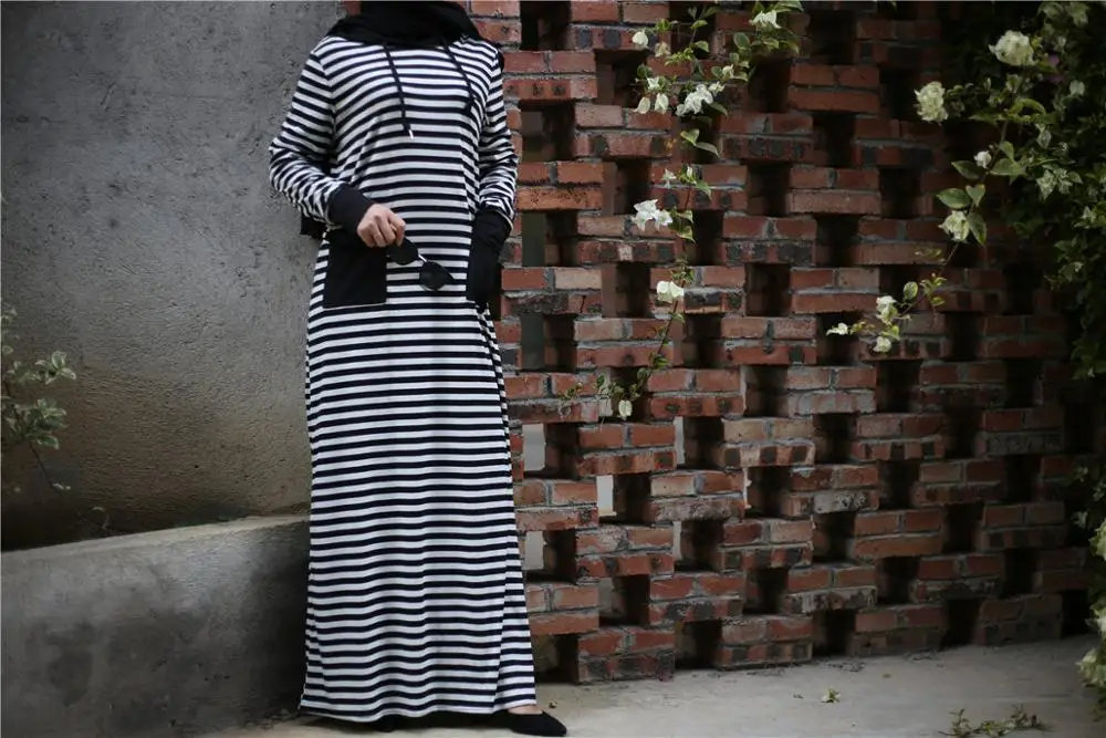 Мусульманское Полосатое Макси-платье с капюшоном Abaya внутренний кардиган