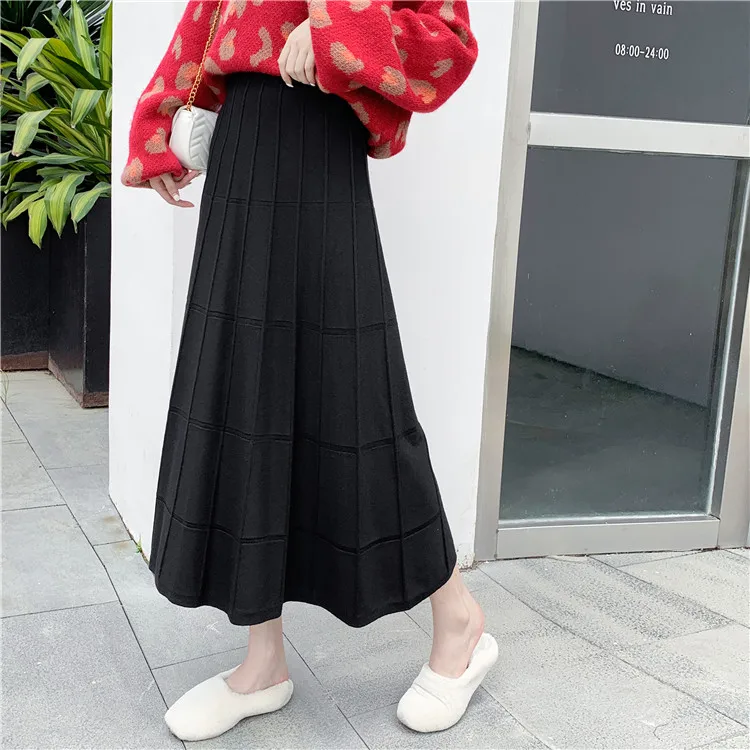 

Large size 2019 Plus size knitted skirt fat mm200 kg mid-length high waist was thin wool skirt plaid skirt