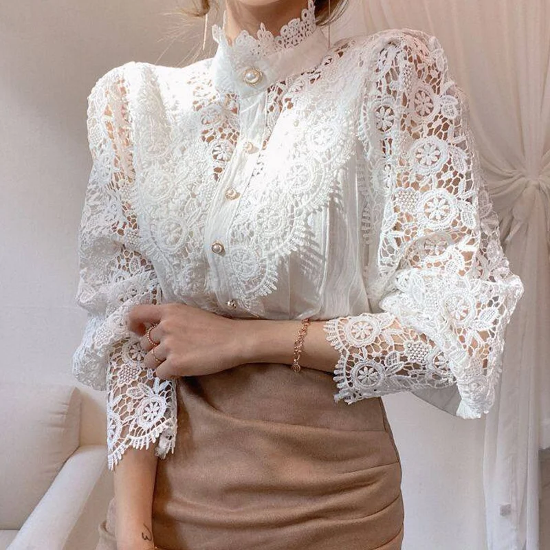 

Women's French Vintage Casual Lace Shirts Female Stand Collar Single-breasted Loose Blouse Spring Autumn Full Puff Sleeve Shirts