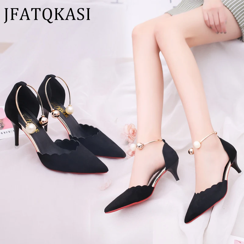 Туфли-лодочки женские на высоком каблуке заостренный носок жемчуг тонкий каблук