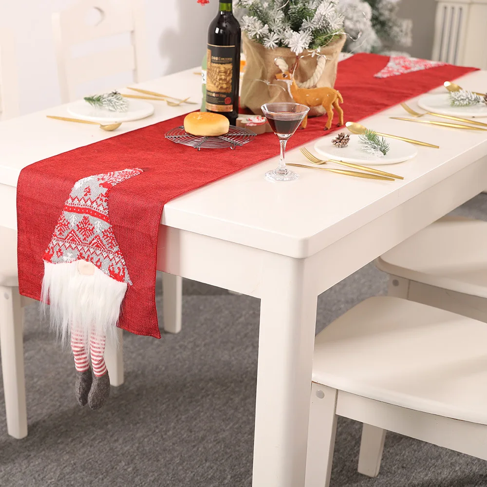 

Christmas Table Runner Cloth New Year Party Red Gray Decorations Tablecloth santa claus Printed Dinner Table Cover
